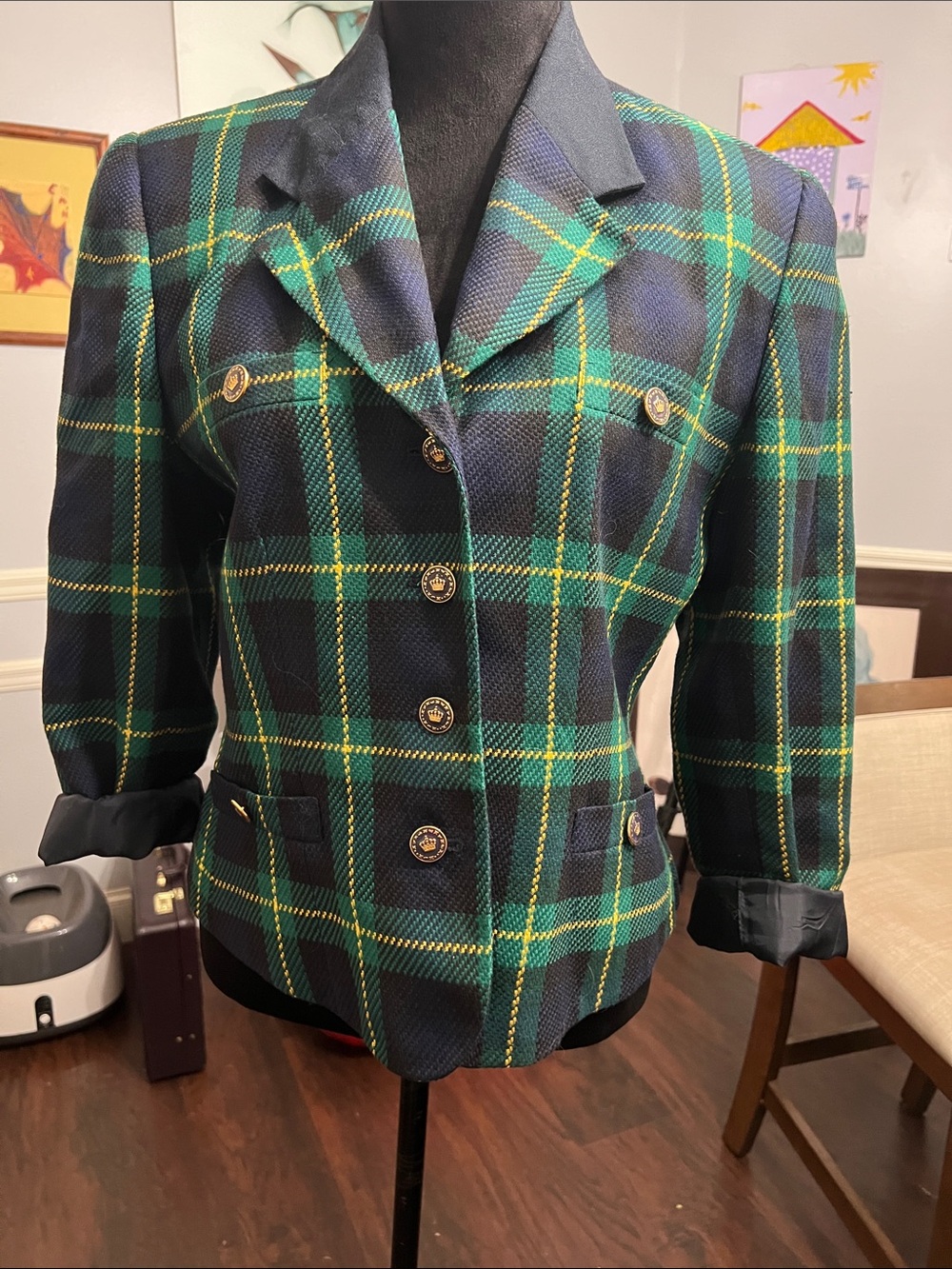 Morgan Miller Green and Navy Plaid Tailored Wool Blazer